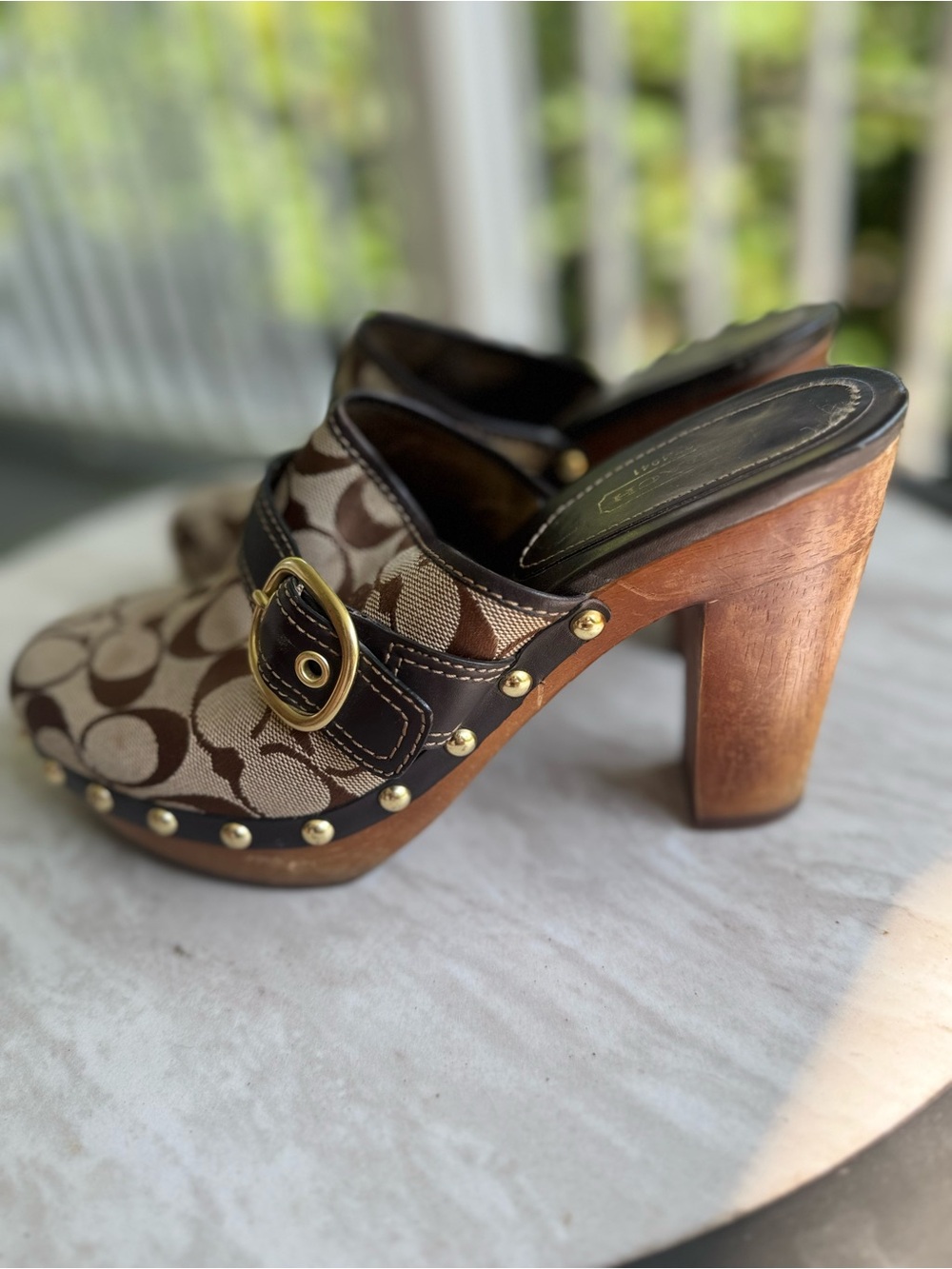 Coach Tan and Brown Logo Clog Mules with Gold Buckle - Picture 2 of 8